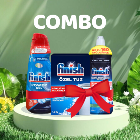 Combo Gel Rửa Bát Finish All In One Shine&Protect 650ml + Muối 1.5kg + Nước bóng 800ml